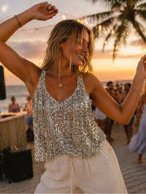 Gold Silver Sequin Tank Top Sparkle Party Cami Shimmer Evening Festival medium